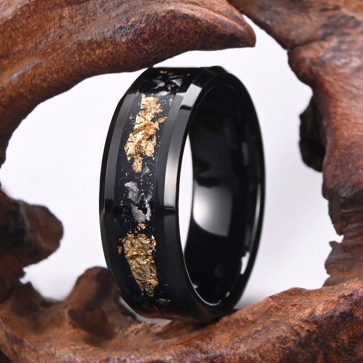 Step Edge Black Tungsten Ring with Gold Foil & Meteorite Inlay