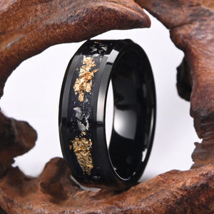 His Ring - Step Edge Black Tungsten Ring with Gold Foil & Meteorite Inlay