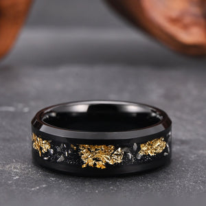 Step Edge Black Tungsten Ring with Gold Foil & Meteorite Inlay
