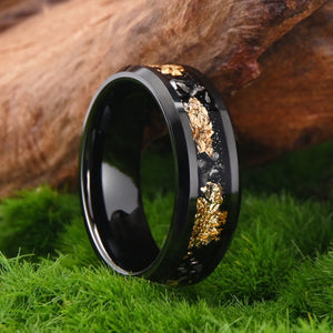 Step Edge Black Tungsten Ring with Gold Foil & Meteorite Inlay