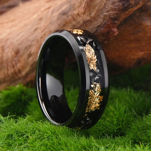 His Ring - Step Edge Black Tungsten Ring with Gold Foil & Meteorite Inlay