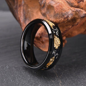 Step Edge Black Tungsten Ring with Gold Foil & Meteorite Inlay