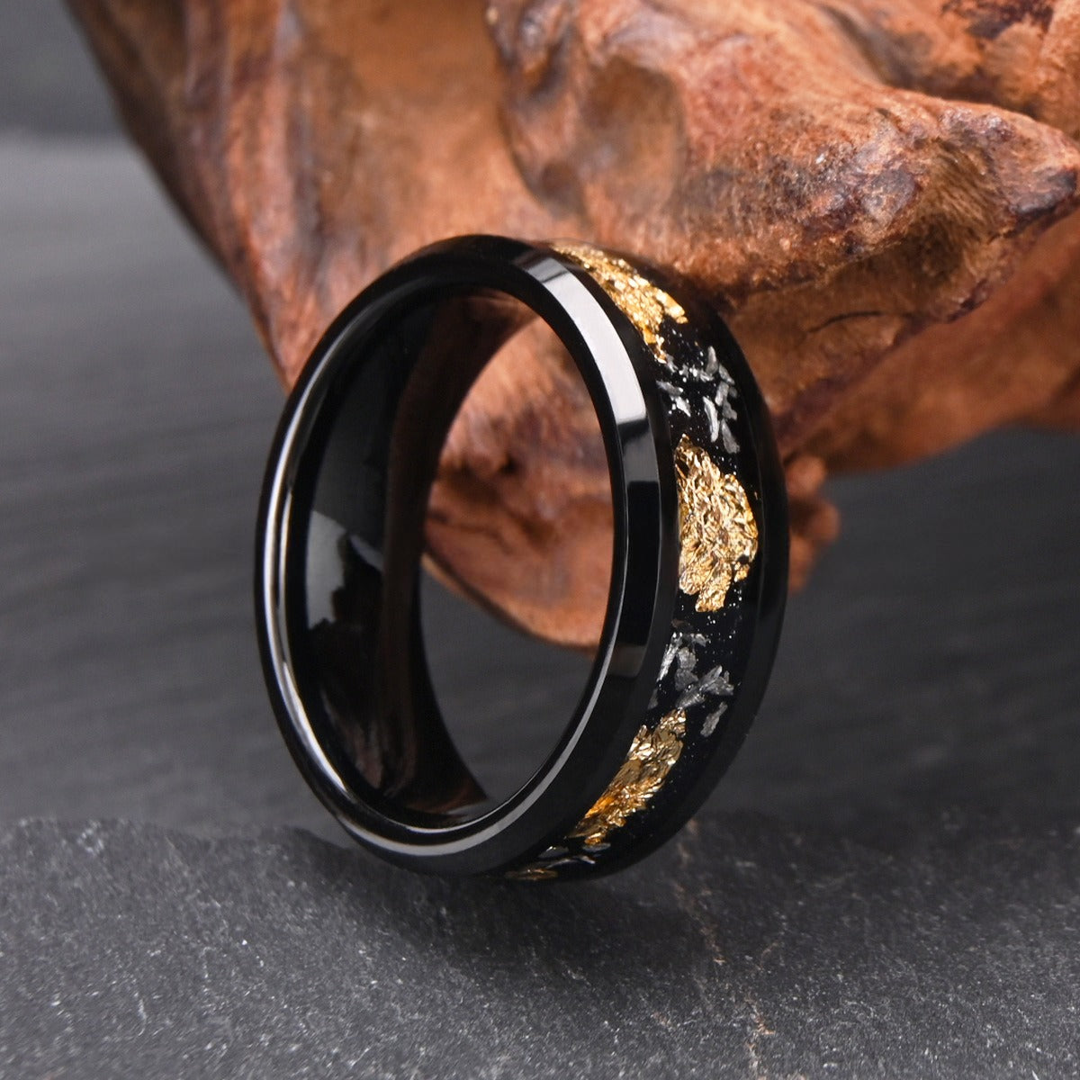 His Ring - Step Edge Black Tungsten Ring with Gold Foil & Meteorite Inlay