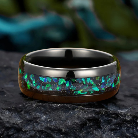 Black Tungsten Ring with Peacock Green Opal and Gold Leaf Inlay Men's Wedding Band