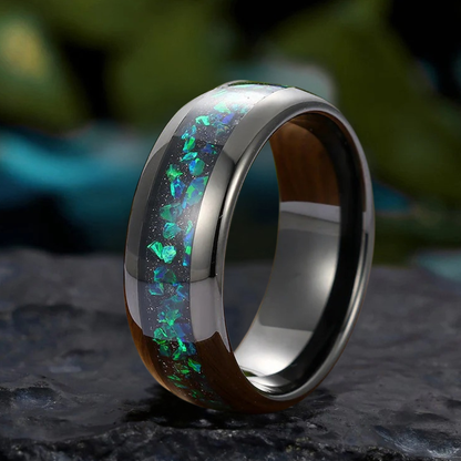 Black Tungsten Ring with Peacock Green Opal and Gold Leaf Inlay Men's Wedding Band