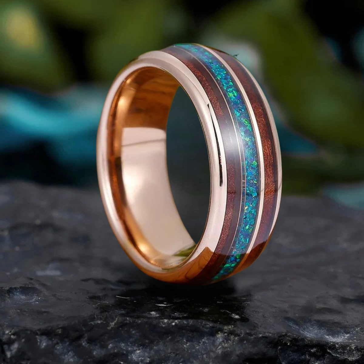 Peacock Blue Opal Wood Tungsten Wedding Band Glossy Substantial Men' s Unisex Ring