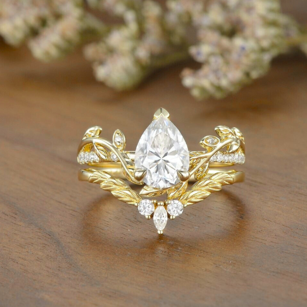Unique Leaf Nature-Inspired Gold Pear Moissanite Engagement Ring Set Bridal Set