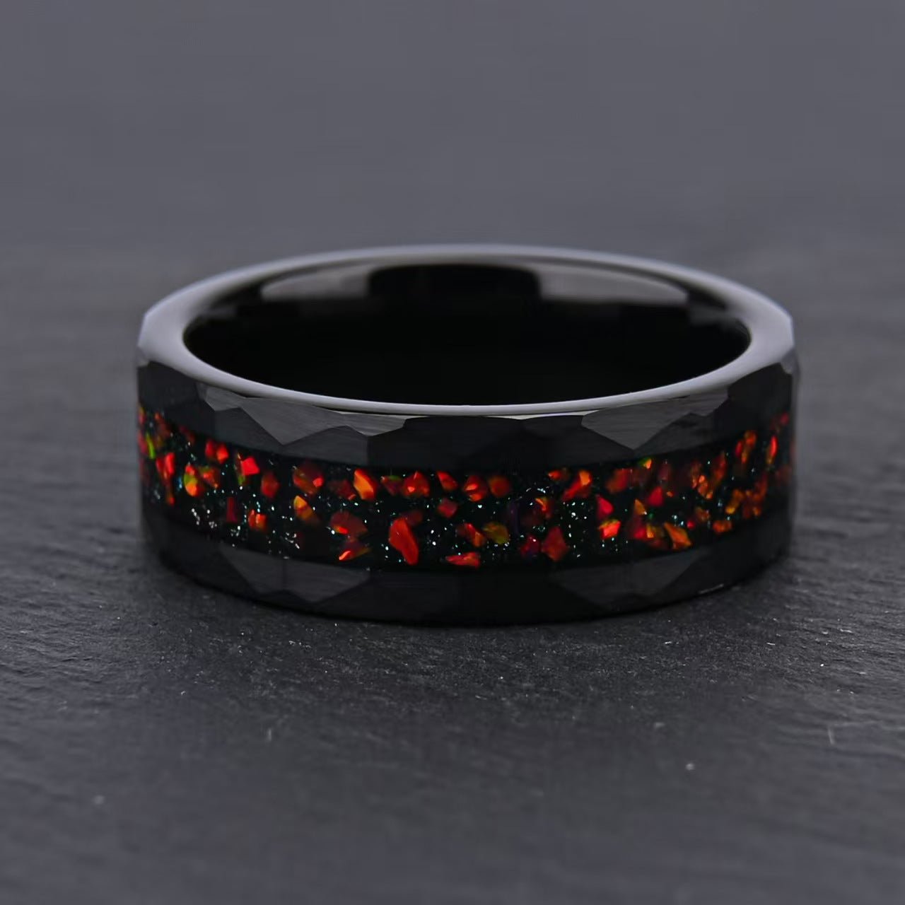 8mm Black Hammered Band with Red Opal and Gold Foil Inlay - anerjuly