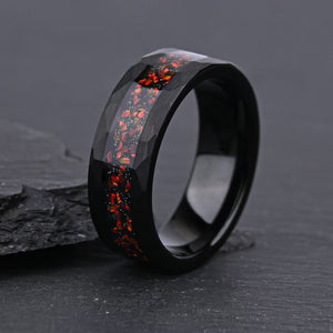 8mm Black Hammered Band with Red Opal and Gold Foil Inlay - anerjuly