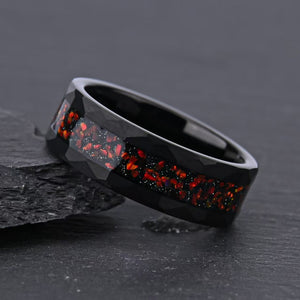 8mm Black Hammered Band with Red Opal and Gold Foil Inlay - anerjuly