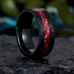 His Ring - Hammered Black Tungsten Wedding Band with Crushed Red Ruby Inlay