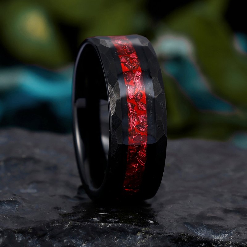 8mm Black Tungsten Men's Wedding Band with Crushed Red Ruby Inlay - Hammered Design Promise Ring for Him - anerjuly