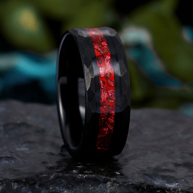 His Ring - Hammered Black Tungsten Wedding Band with Crushed Red Ruby Inlay