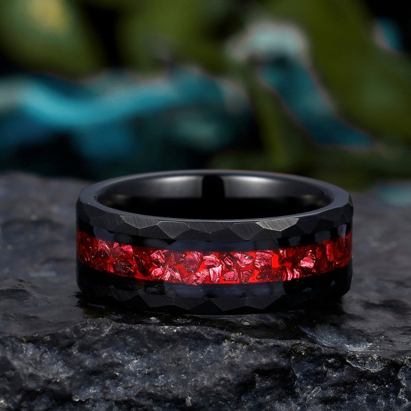 8mm Black Tungsten Men's Wedding Band with Crushed Red Ruby Inlay - Hammered Design Promise Ring for Him - anerjuly