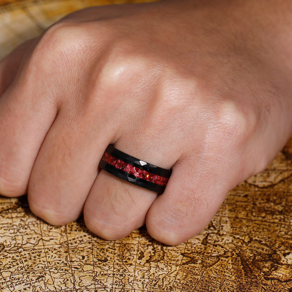His Ring - Hammered Black Tungsten Wedding Band with Crushed Red Ruby Inlay