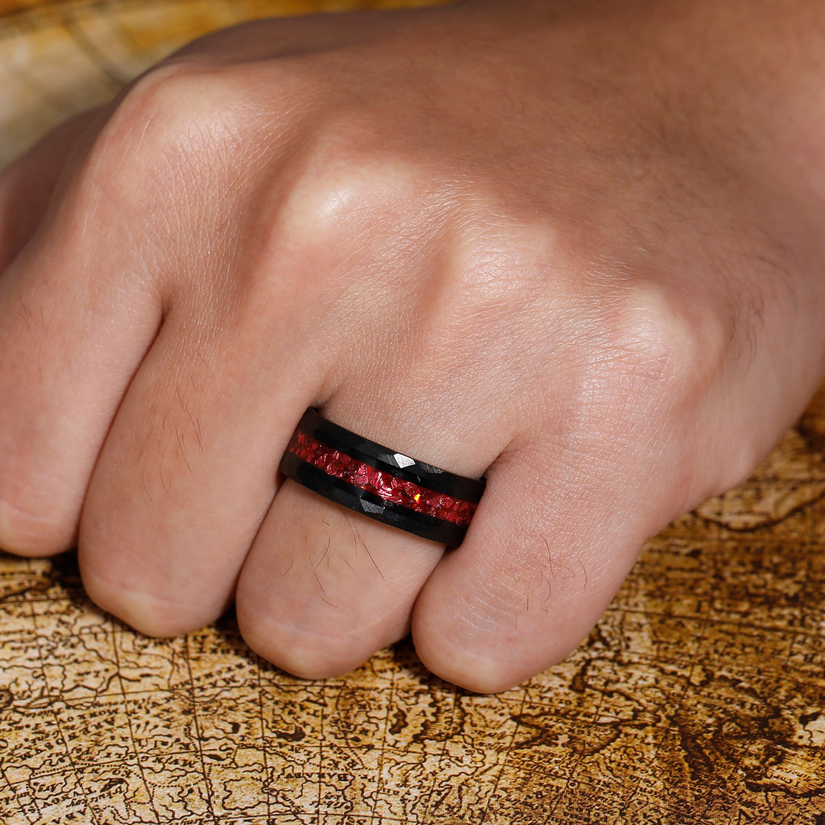 His Ring - Hammered Black Tungsten Wedding Band with Crushed Red Ruby Inlay