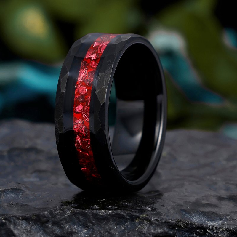 8mm Black Tungsten Men's Wedding Band with Crushed Red Ruby Inlay - Hammered Design Promise Ring for Him - anerjuly