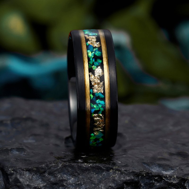 8mm Black Tungsten Ring with Emerald Green Opal and Gold Leaf Inlay – Men's Wedding or Statement Band - anerjuly