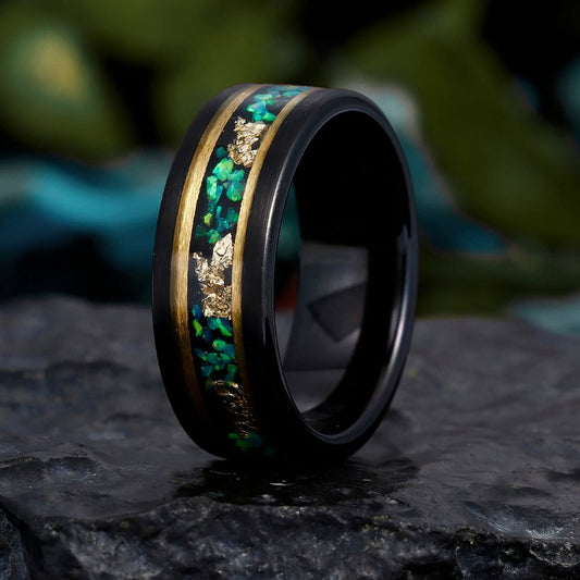 8mm Black Tungsten Ring with Emerald Green Opal and Gold Leaf Inlay – Men's Wedding or Statement Band - anerjuly