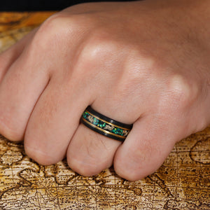 His Ring - Black Tungsten Ring with Emerald Green Opal & Gold Leaf Inlay