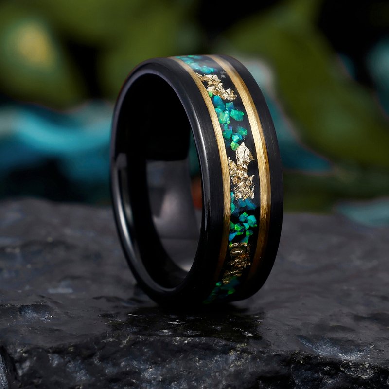 8mm Black Tungsten Ring with Emerald Green Opal and Gold Leaf Inlay – Men's Wedding or Statement Band - anerjuly