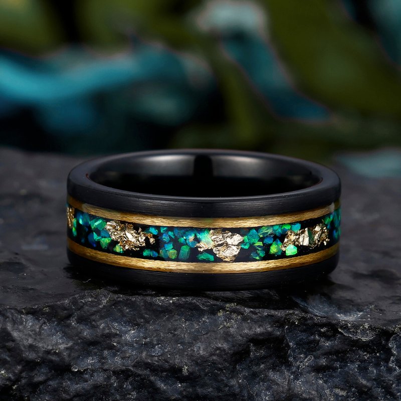 His Ring - Black Tungsten Ring with Emerald Green Opal & Gold Leaf Inlay