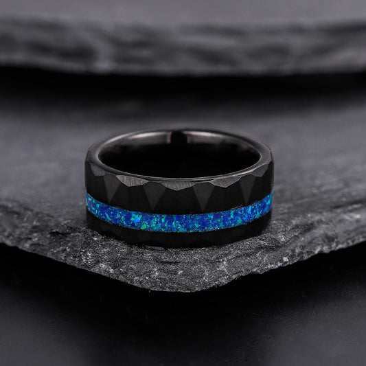 8MM Blue Opal Men's Tungsten Wedding Band Black Gold Wedding Band for Men - anerjuly