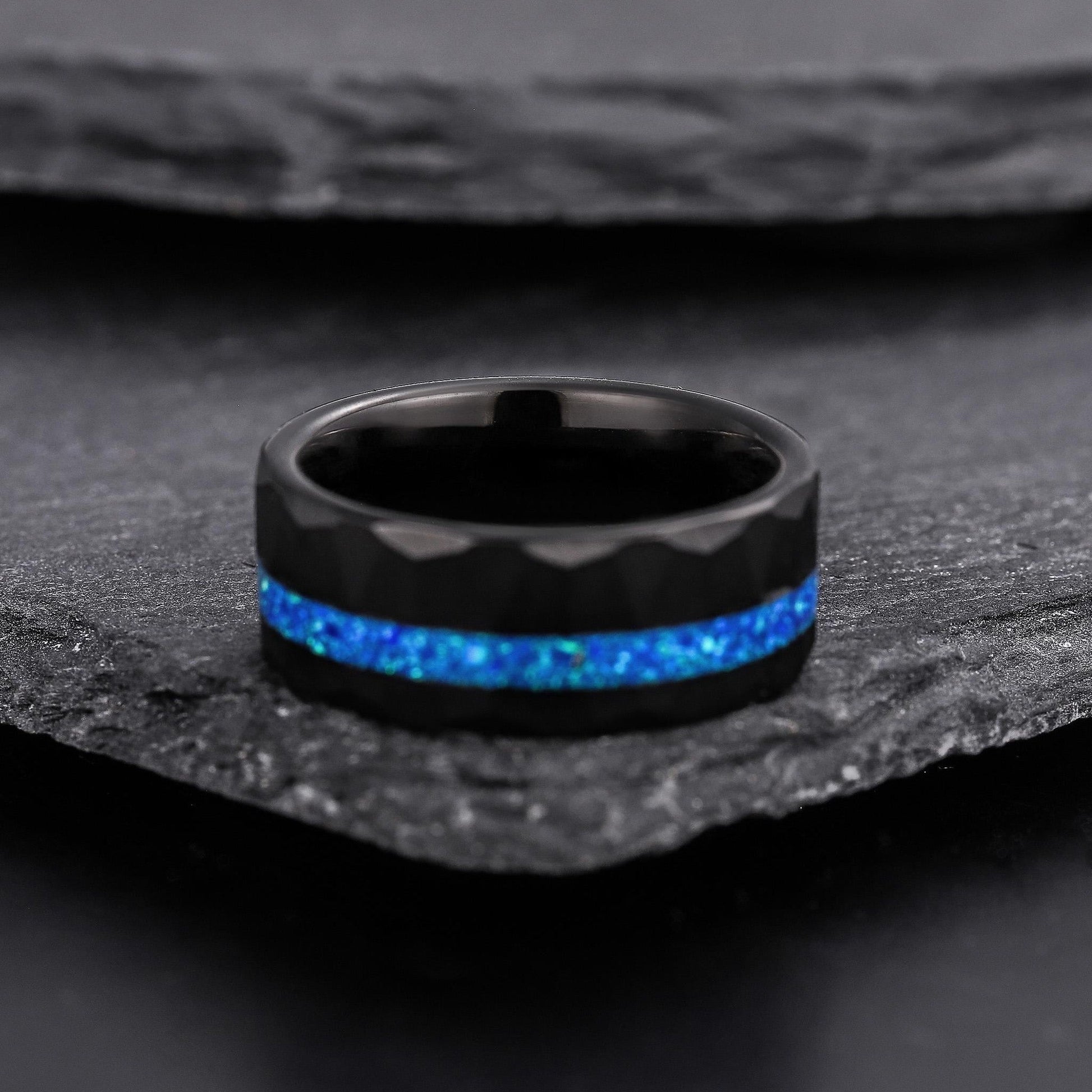 8MM Blue Opal Men's Tungsten Wedding Band Black Gold Wedding Band for Men - anerjuly