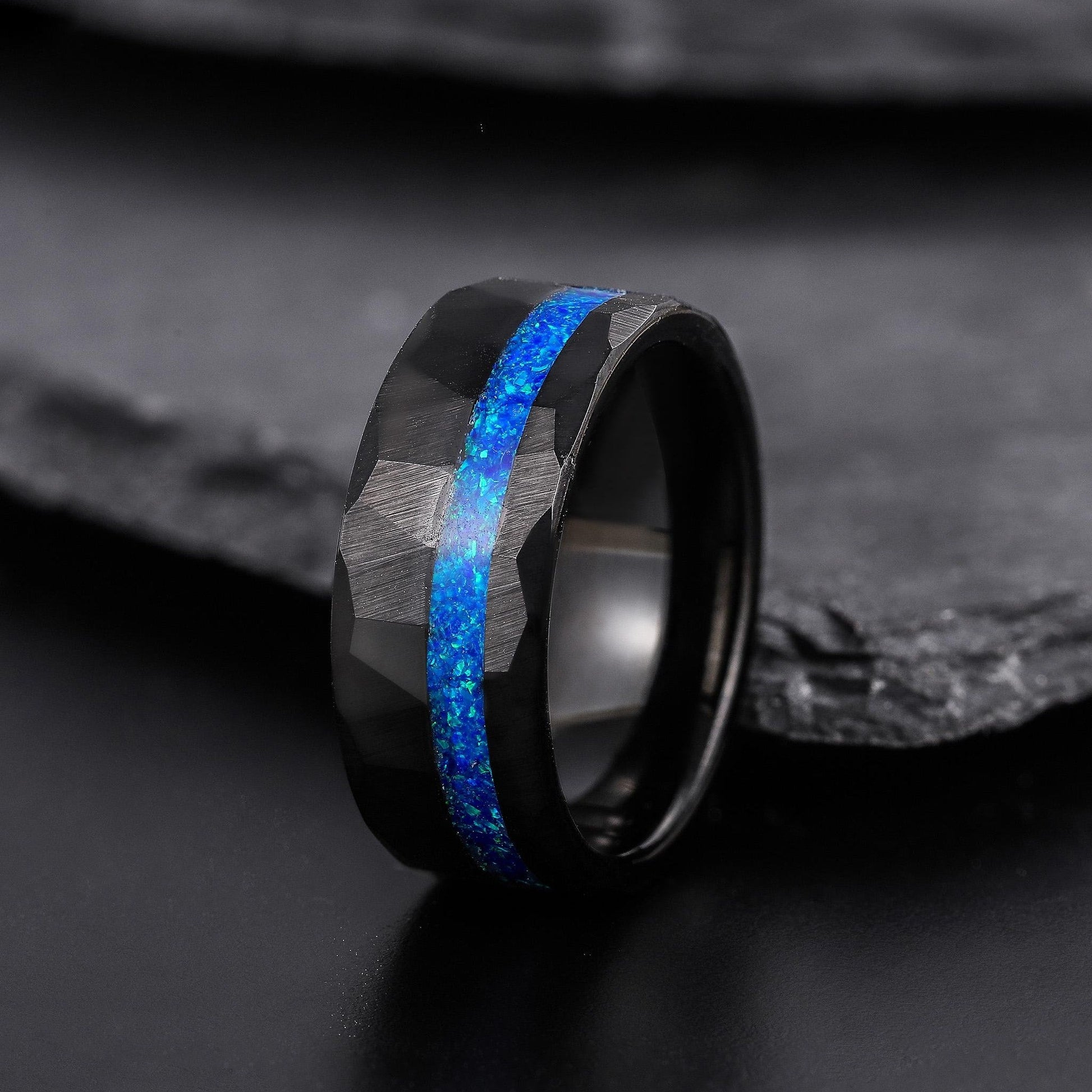 8MM Blue Opal Men's Tungsten Wedding Band Black Gold Wedding Band for Men - anerjuly