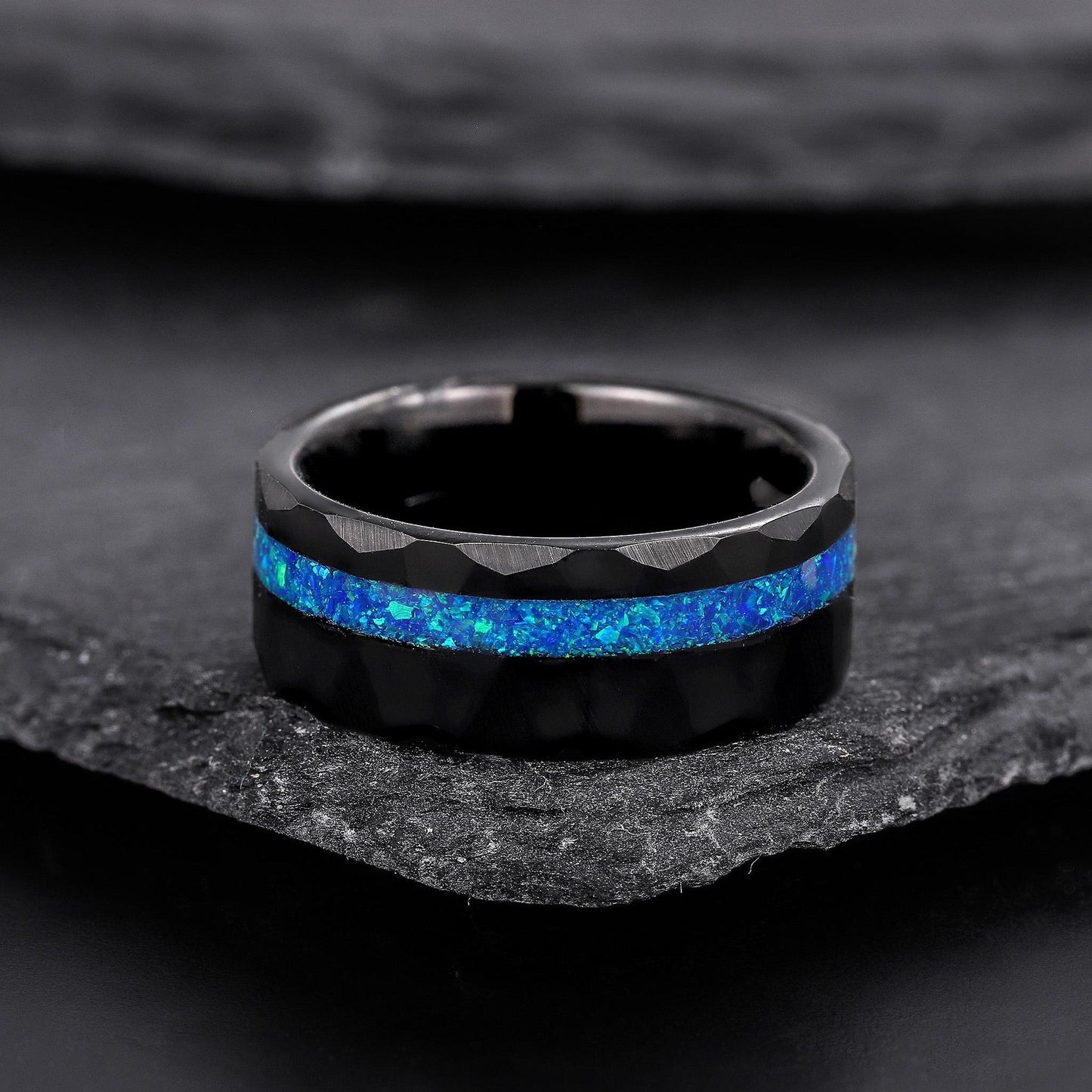 8MM Blue Opal Men's Tungsten Wedding Band Black Gold Wedding Band for Men - anerjuly