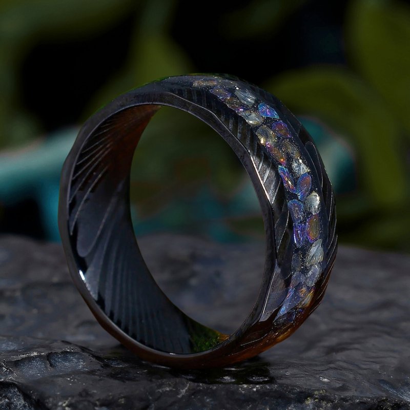 8mm Damascus Steel Rings Wedding Band with Colorful Opal Inlay Unique Men's Ring - anerjuly