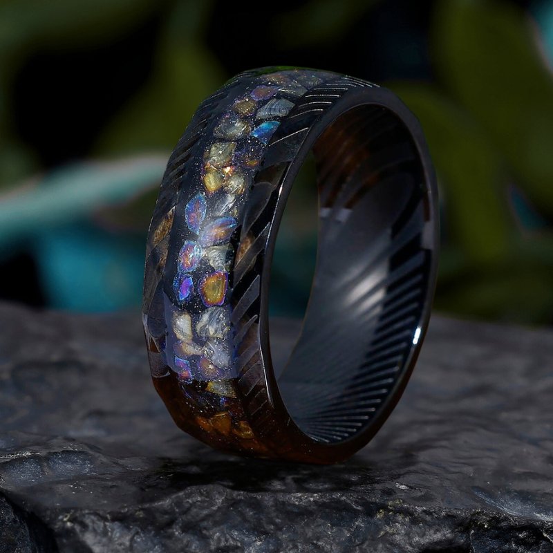 8mm Damascus Steel Rings Wedding Band with Colorful Opal Inlay Unique Men's Ring - anerjuly