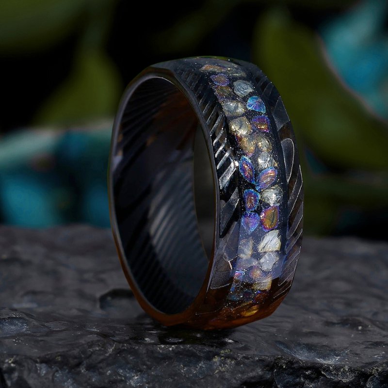 8mm Damascus Steel Rings Wedding Band with Colorful Opal Inlay Unique Men's Ring - anerjuly