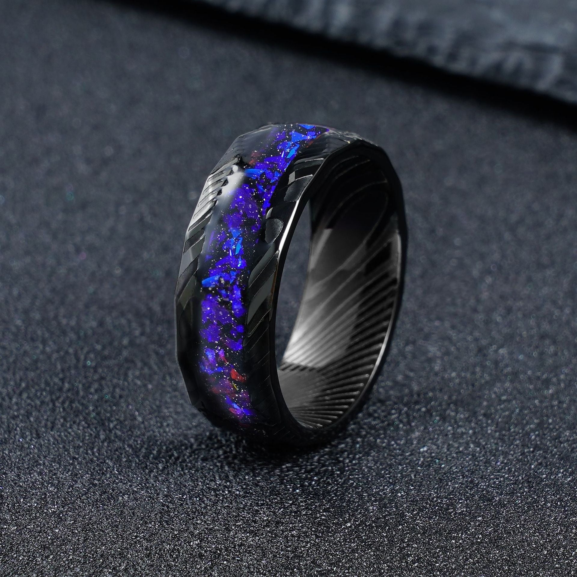 8mm Damascus Steel Wedding Band with Galaxy Blue Opal Inlay - anerjuly