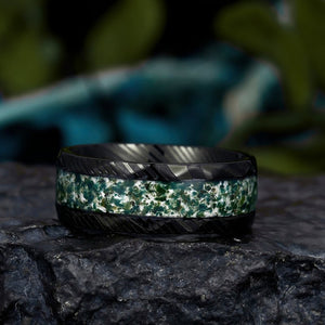 8mm Green Moss Agate Black Hammered Damascus Steel Rings Wedding Band Gift for Him - anerjuly