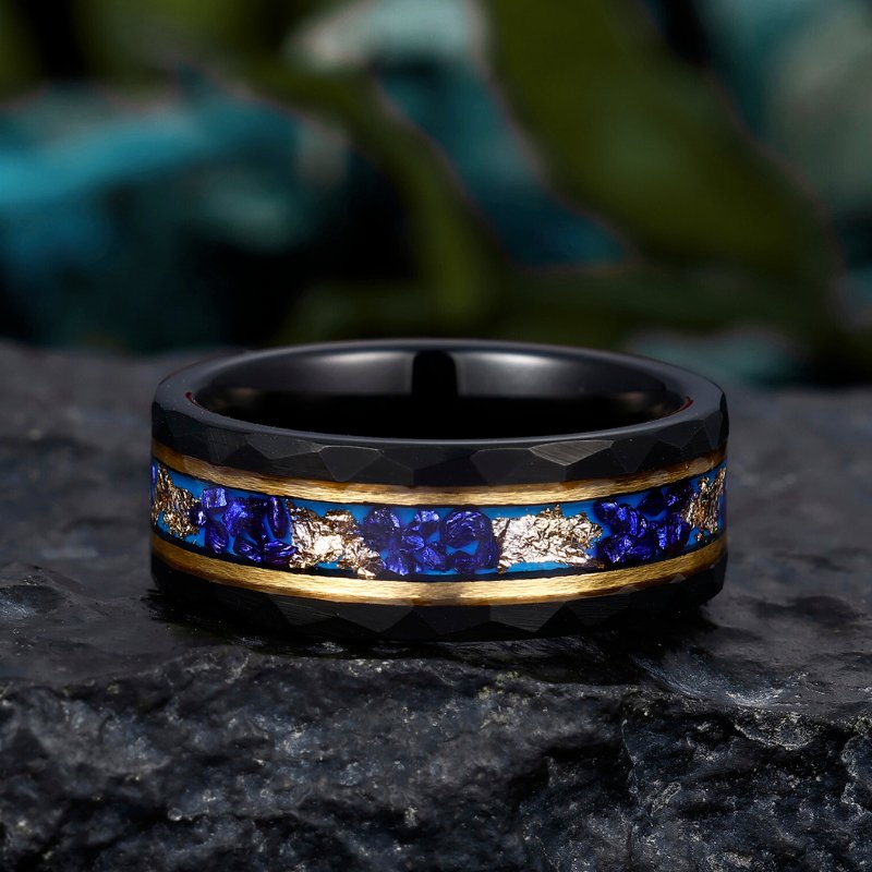 8mm Hammered Tungsten Ring with Blue Sapphire and Gold Foil Inlay – Unisex Design for Men’s Gifts - anerjuly