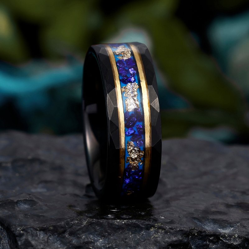 8mm Hammered Tungsten Ring with Blue Sapphire and Gold Foil Inlay – Unisex Design for Men’s Gifts - anerjuly