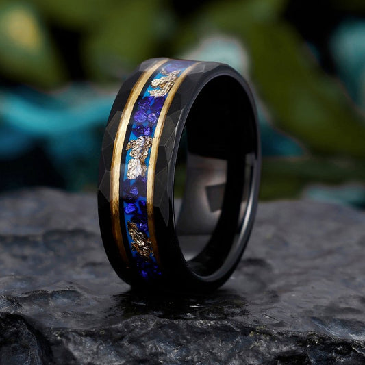 8mm Hammered Tungsten Ring with Blue Sapphire and Gold Foil Inlay – Unisex Design for Men’s Gifts - anerjuly