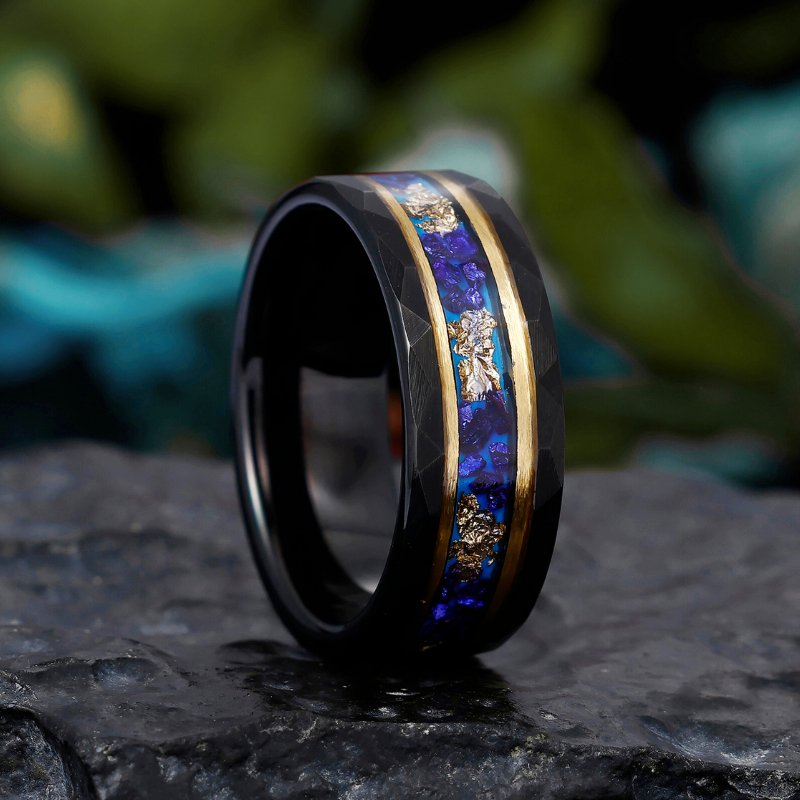 8mm Hammered Tungsten Ring with Blue Sapphire and Gold Foil Inlay – Unisex Design for Men’s Gifts - anerjuly