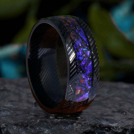 8mm Men's Black Promise Wedding Ring in Hammered Damascus Steel with Purple Galaxy Stone Inlay - anerjuly