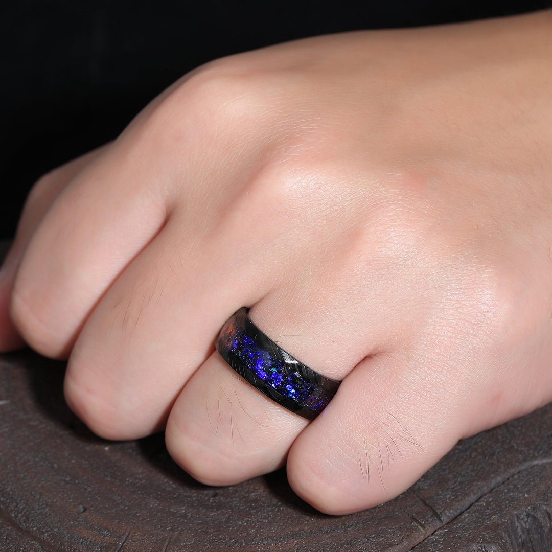 8mm Men's Black Promise Wedding Ring in Hammered Damascus Steel with Purple Galaxy Stone Inlay - anerjuly