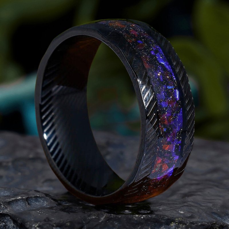 8mm Men's Black Promise Wedding Ring in Hammered Damascus Steel with Purple Galaxy Stone Inlay - anerjuly