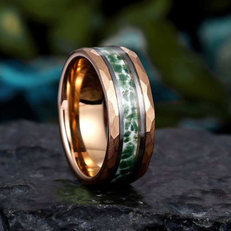 8mm Moss Agate Inlaid Rose Gold Tungsten Wedding Band for Men & Women – Hammered Design Anniversary Promise Ring - anerjuly