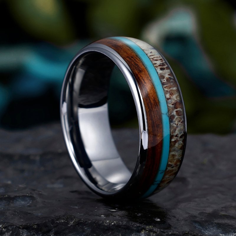 8mm Tungsten Ring with Turquoise Antler and Wood Inlay - Rustic Men's Wedding Band - anerjuly