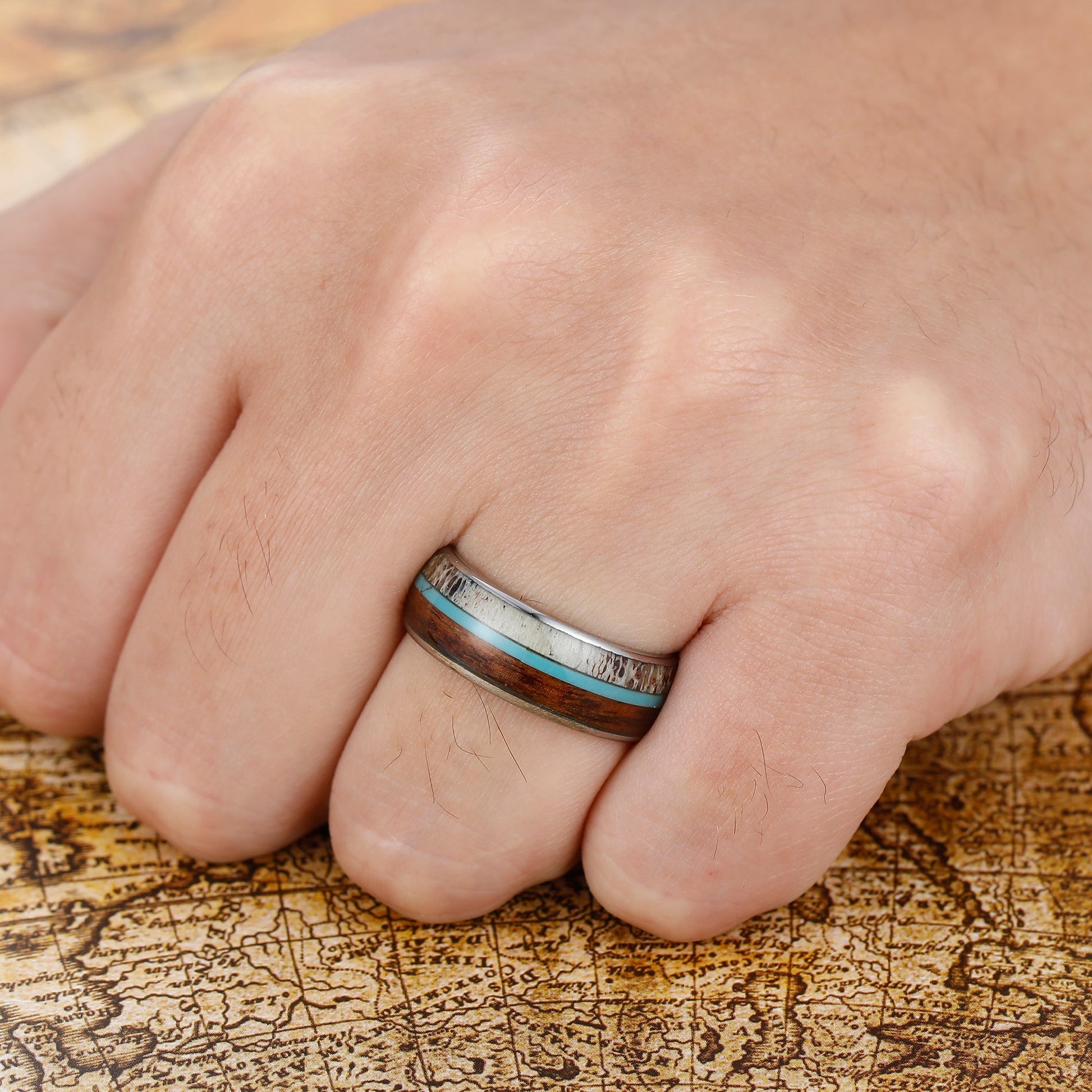 8mm Tungsten Ring with Turquoise Antler and Wood Inlay - Rustic Men's Wedding Band - anerjuly