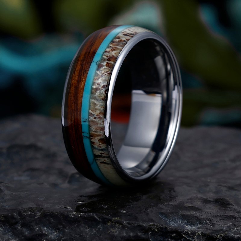 8mm Tungsten Ring with Turquoise Antler and Wood Inlay - Rustic Men's Wedding Band - anerjuly