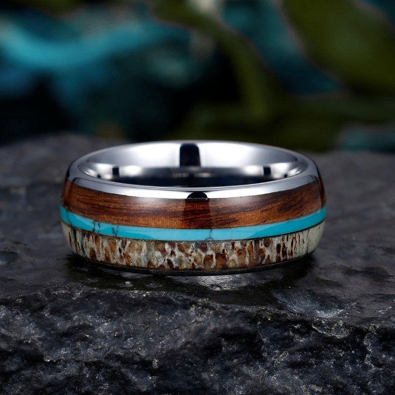 8mm Tungsten Ring with Turquoise Antler and Wood Inlay - Rustic Men's Wedding Band - anerjuly