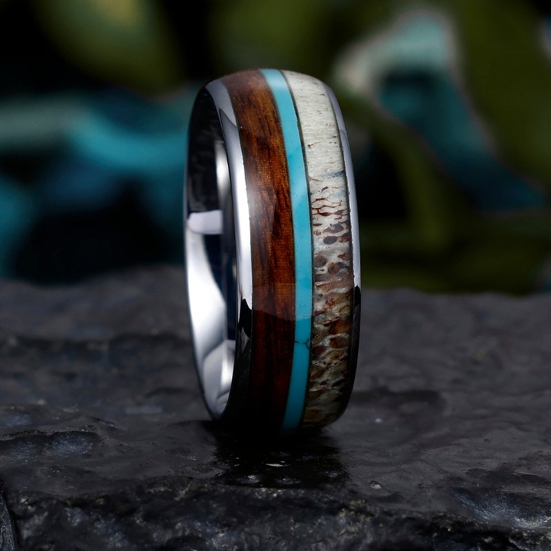 8mm Tungsten Ring with Turquoise Antler and Wood Inlay - Rustic Men's Wedding Band - anerjuly