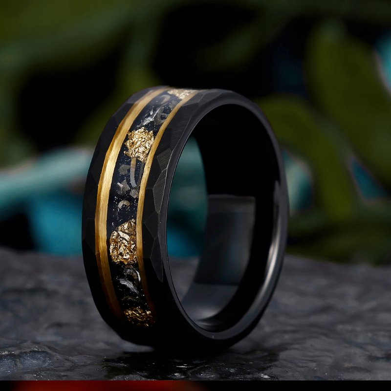 8mm Tungsten Wedding Band with Black Meteorite and Gold Foil Inlay - Hammered Finish Promise Ring for Special Occasions - anerjuly