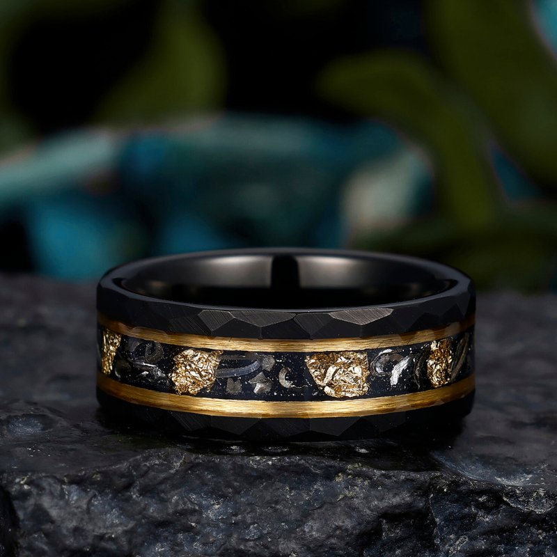 8mm Tungsten Wedding Band with Black Meteorite and Gold Foil Inlay - Hammered Finish Promise Ring for Special Occasions - anerjuly